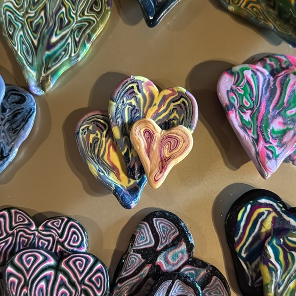 Handmade Original Abstract Heart-Shaped Polymer Clay Art Pieces.(Triple Hearts) - Picture 2 of 3